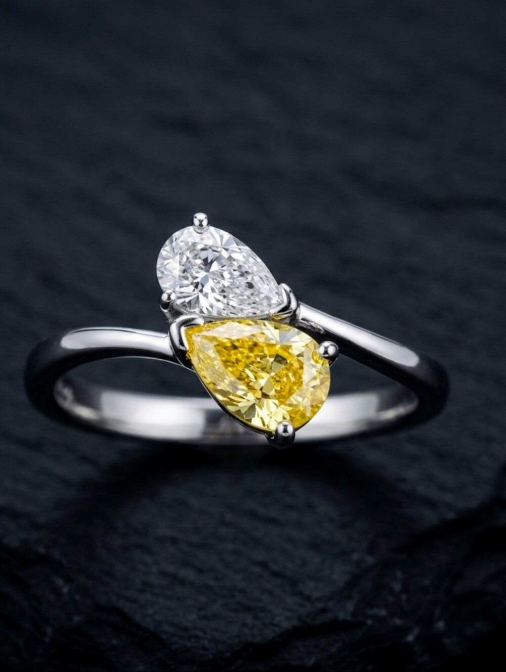 Unique Canary Yellow & White Pear Sterling Silver Ring size 7 NEW